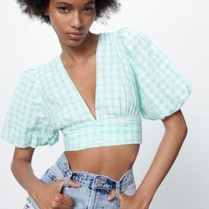 Zara Top Crop womens size M white green Check Balloon Sleeve Blouse